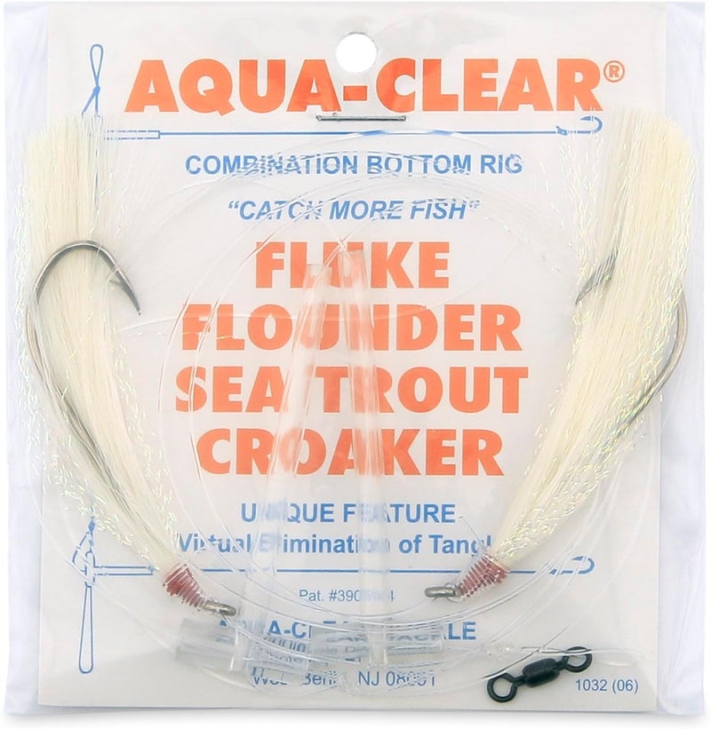 Aquaclear , Hi-Lo Pearl Accent Hair Teaser Rig, Flounder/Fluke/Seatrout/Croaker, 3/0 XL Hook, AFW Swivel, 40 lb / 18.1 kg GS Mono, T-Standoff, White Hair, Pearl Accent - Image 1